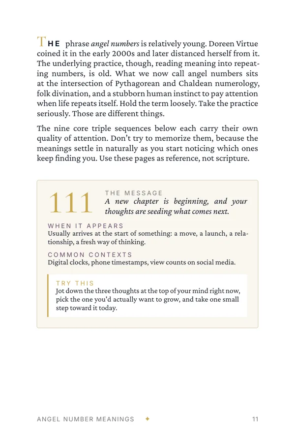 Page 11 of Angel Number Meanings: the 111 card, with the message, when it appears, common contexts and a try-this step